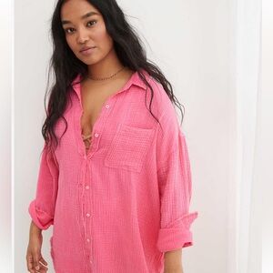 Aerie gauzy oversized Bright Pink Button-Up Shirt